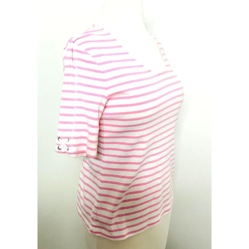 Talbots Pink White Striped Cotton Elbow Sleeve Crewneck Top Shirt Womens Sz SP - Picture 4 of 6